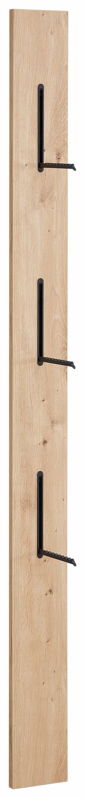 Schmales Garderobenpaneel aus Holz mit drei schwarzen Haken, seitliche Perspektive