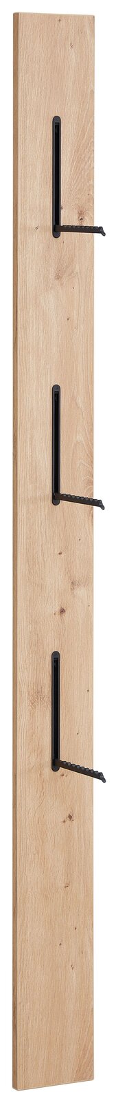 Schmales Garderobenpaneel aus Holz mit drei schwarzen Haken, seitliche Perspektive