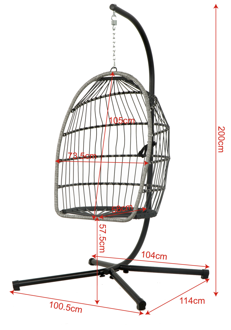 Hängesessel aus Metall mit schwarzem Gestell, seitliche Perspektive, Maße: 200 cm hoch, 105 cm breit, 73,5 cm tief.