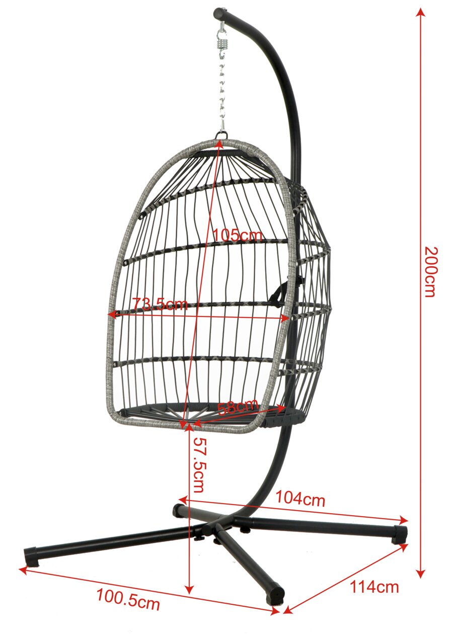 Hängesessel aus Metall mit schwarzem Gestell, seitliche Perspektive, Maße: 200 cm hoch, 105 cm breit, 73,5 cm tief.