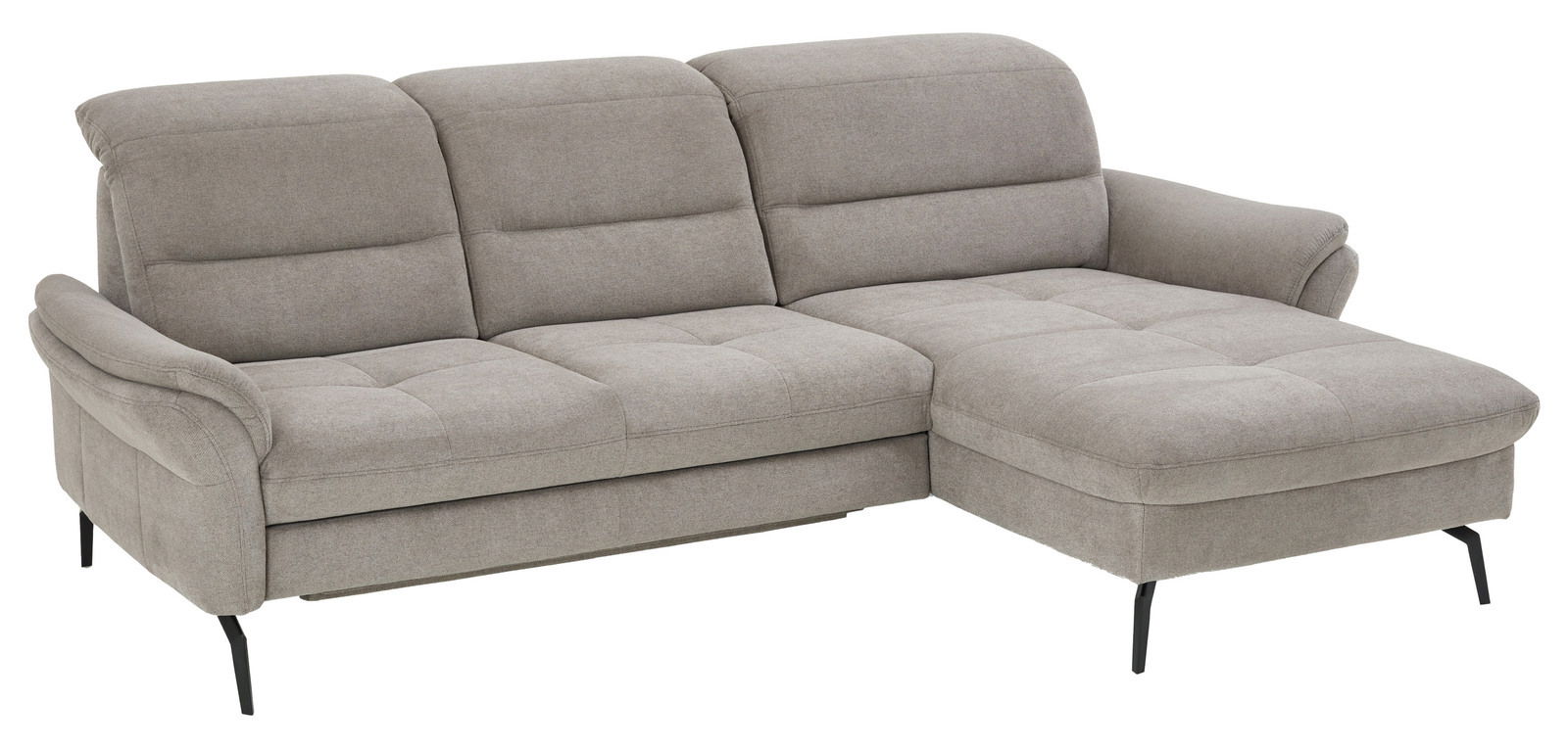 Graues Longchair-Sofa mit drei Sitzplätzen und einer Chaiselongue auf der rechten Seite, seitliche Perspektive.