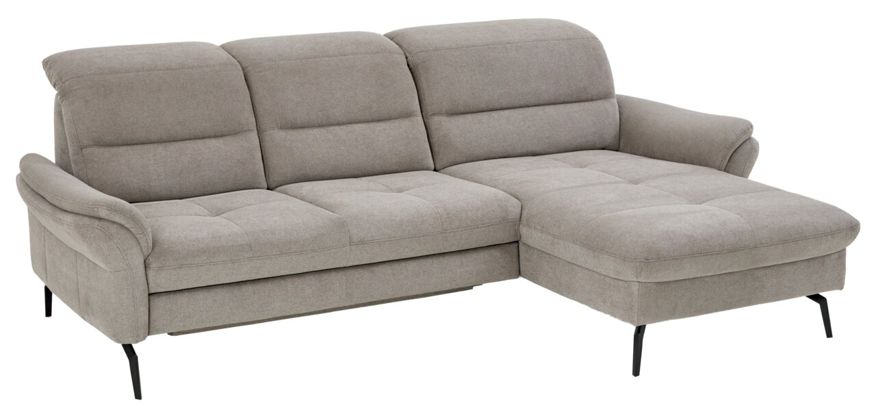 Graues Longchair-Sofa mit drei Sitzplätzen und einer Chaiselongue auf der rechten Seite, seitliche Perspektive.