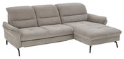 Grijze driezitsbank met chaise longue aan de rechterkant, gezien vanaf de zijkant.