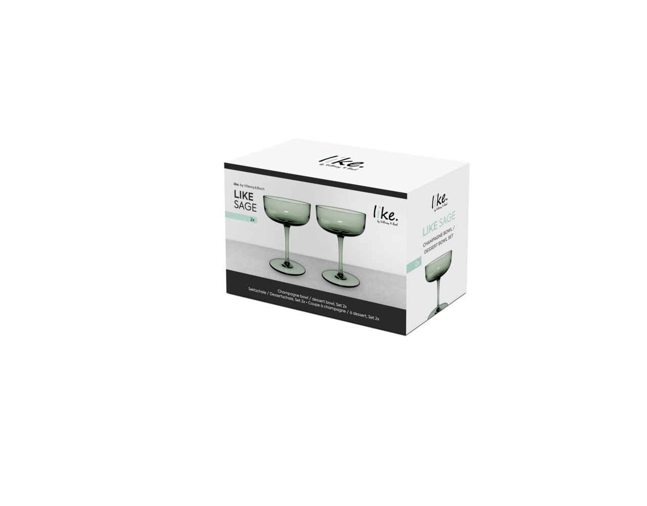 Verpakking met twee groene champagne- of dessertschaaltjes, zijaanzicht