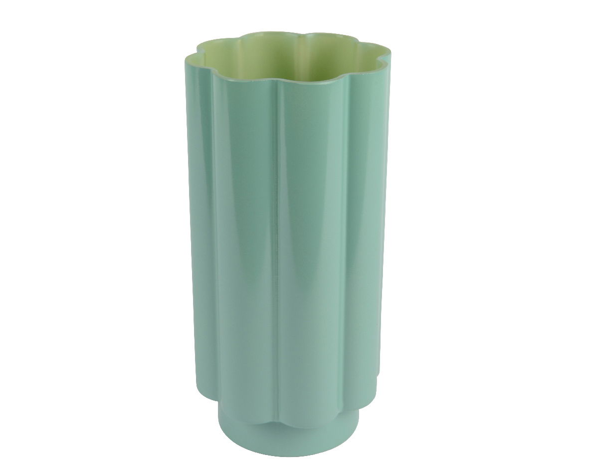 Decoris Vase Hochformatige, mintgrüne Vase mit wellenförmigem Rand, aus seitlicher Perspektive fotografiert.