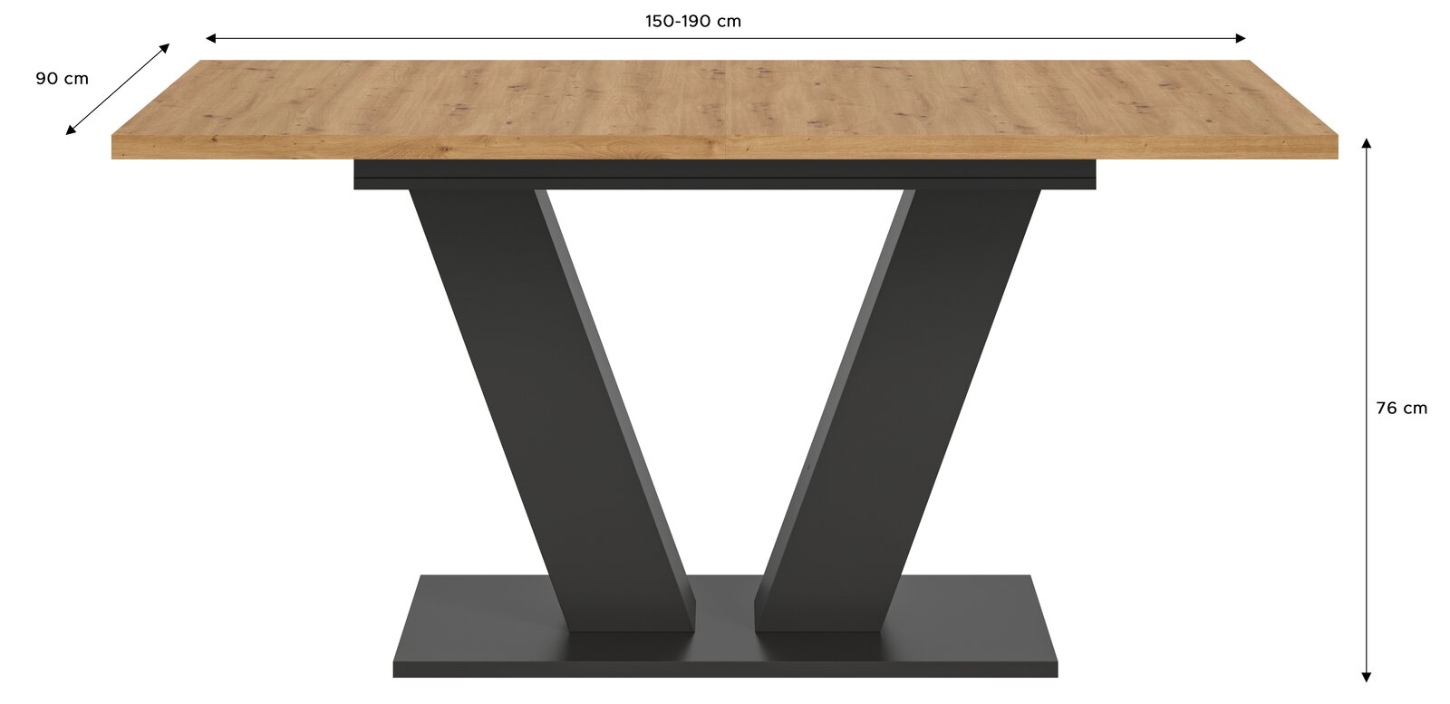 Moderner Esstisch mit Holzplatte und V-förmigem Metallgestell, seitliche Perspektive
