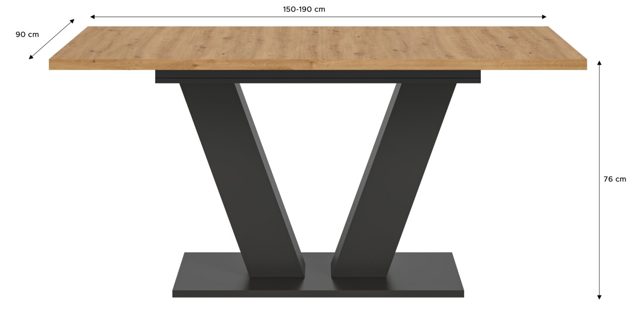 Moderner Esstisch mit Holzplatte und V-förmigem Metallgestell, seitliche Perspektive