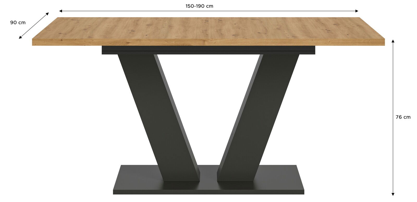 Moderner Esstisch mit Holzplatte und V-förmigem Metallgestell, seitliche Perspektive