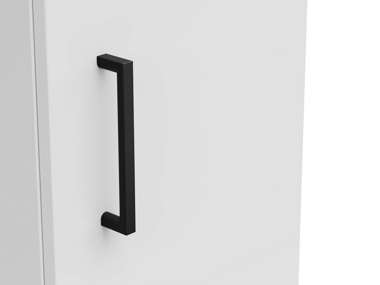 Nahaufnahme eines weißen Mehrzweckschranks mit schwarzem Griff, seitliche Perspektive