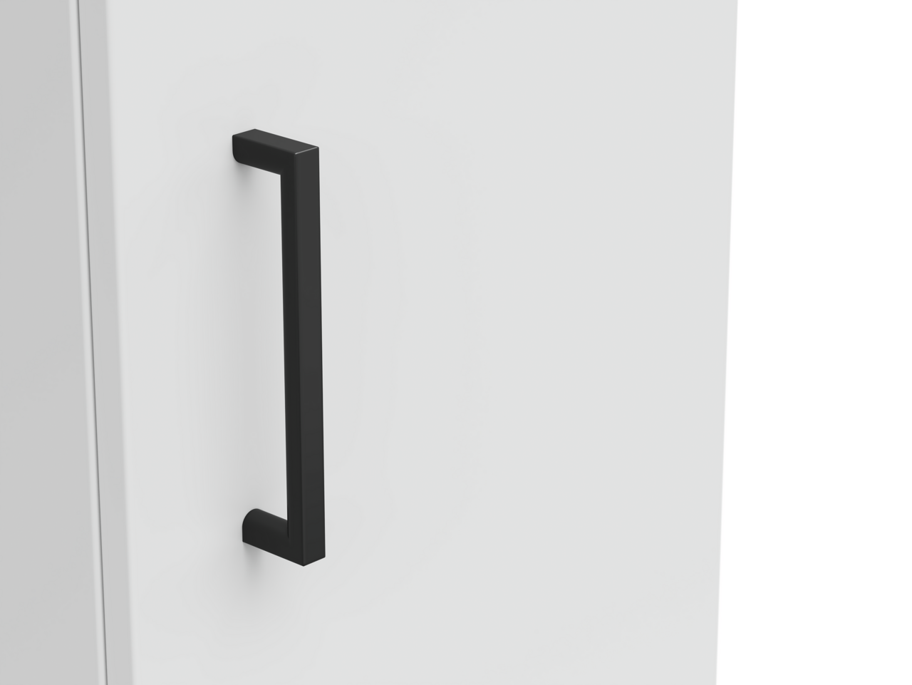 Nahaufnahme eines weißen Mehrzweckschranks mit schwarzem Griff, seitliche Perspektive