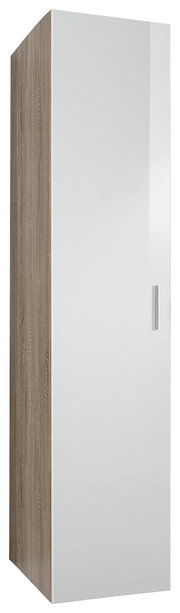 Moderner Kleiderschrank mit weißer Hochglanztür und Holzoptik-Seitenansicht, perspektivisch von vorne links fotografiert.