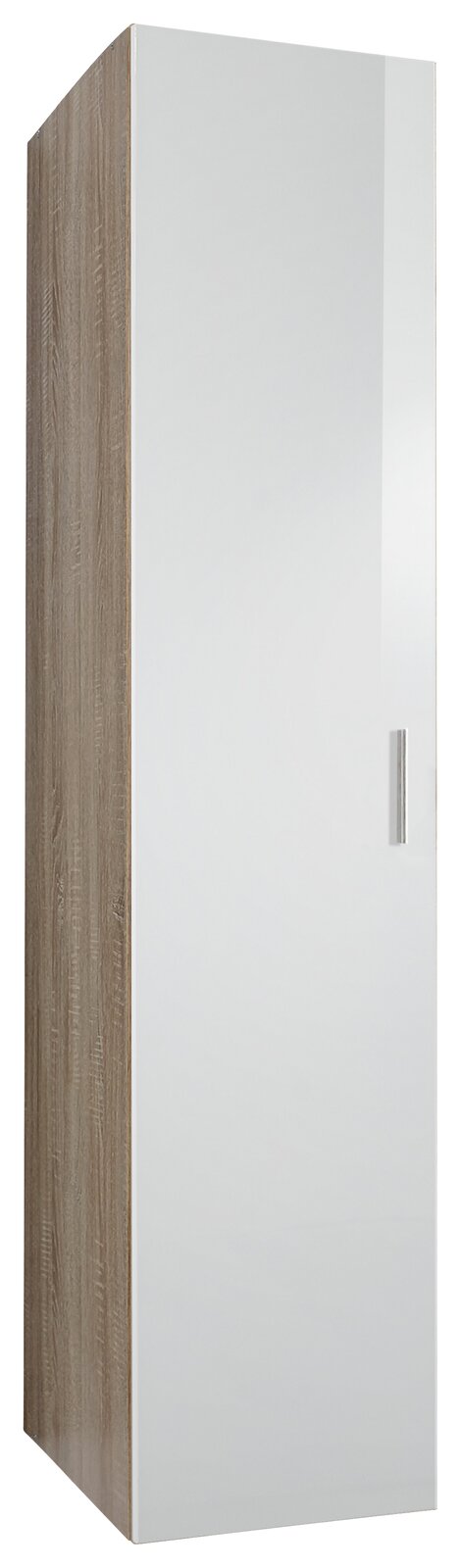 Moderner Kleiderschrank mit weißer Hochglanztür und Holzoptik-Seitenansicht, perspektivisch von vorne links fotografiert.