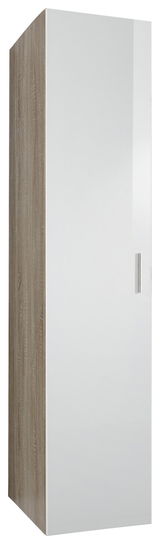 Moderner Kleiderschrank mit weißer Hochglanztür und Holzoptik-Seitenansicht, perspektivisch von vorne links fotografiert.
