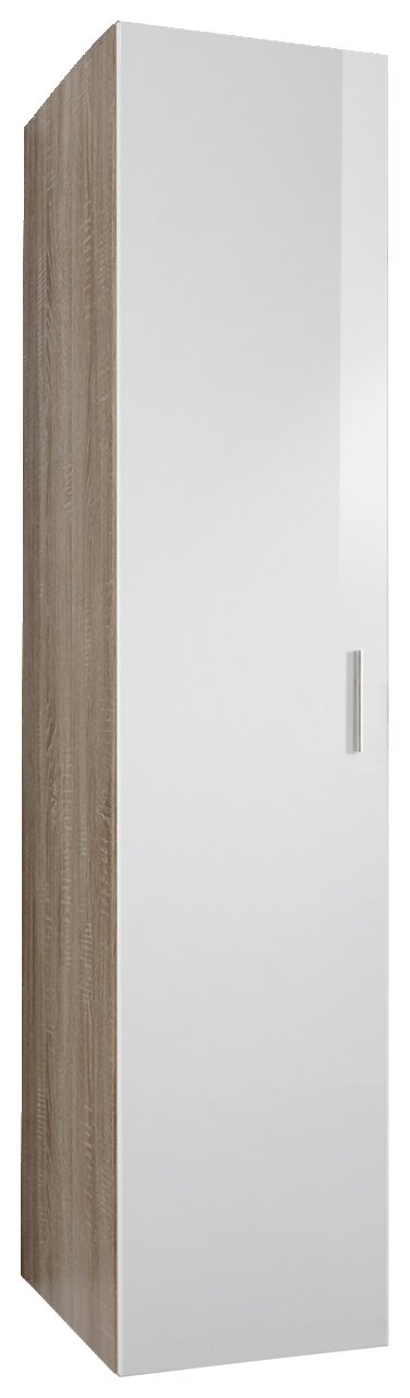 Moderner Kleiderschrank mit weißer Hochglanztür und Holzoptik-Seitenansicht, perspektivisch von vorne links fotografiert.