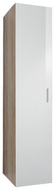 Moderner Kleiderschrank mit weißer Hochglanztür und Holzoptik-Seitenansicht, perspektivisch von vorne links fotografiert.