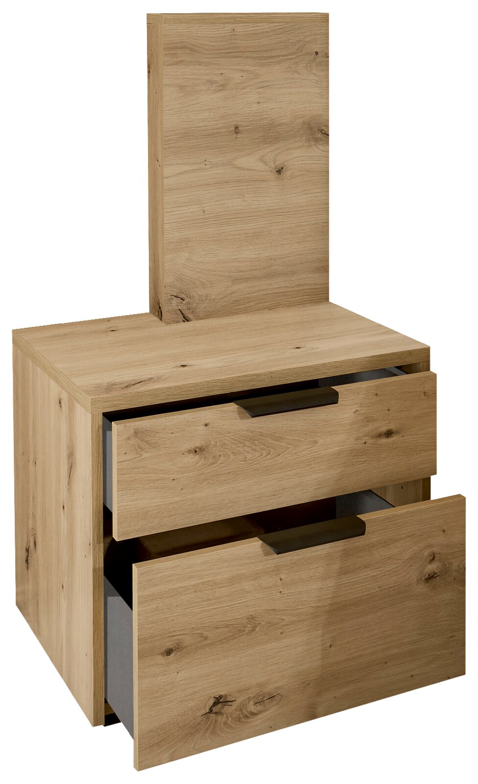 Nachtkonsole mit Paneelaufsatz aus Holz, zwei Schubladen teilweise geöffnet, Perspektive von vorne links