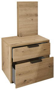 Nachtkonsole mit Paneelaufsatz aus Holz, zwei Schubladen teilweise geöffnet, Perspektive von vorne links