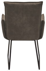 Rückansicht eines Sessels mit dunkelgrauem Stoffbezug und schwarzen Metallbeinen.