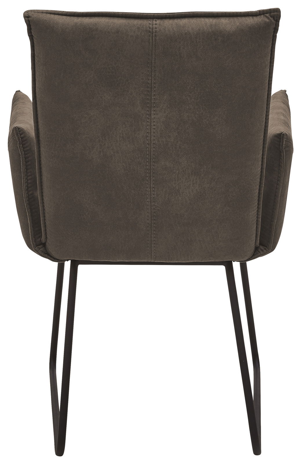 Rückansicht eines Sessels mit dunkelgrauem Stoffbezug und schwarzen Metallbeinen.