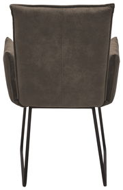 Rückansicht eines Sessels mit dunkelgrauem Stoffbezug und schwarzen Metallbeinen.