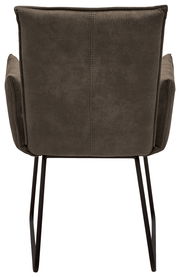 Rückansicht eines Sessels mit dunkelgrauem Stoffbezug und schwarzen Metallbeinen.