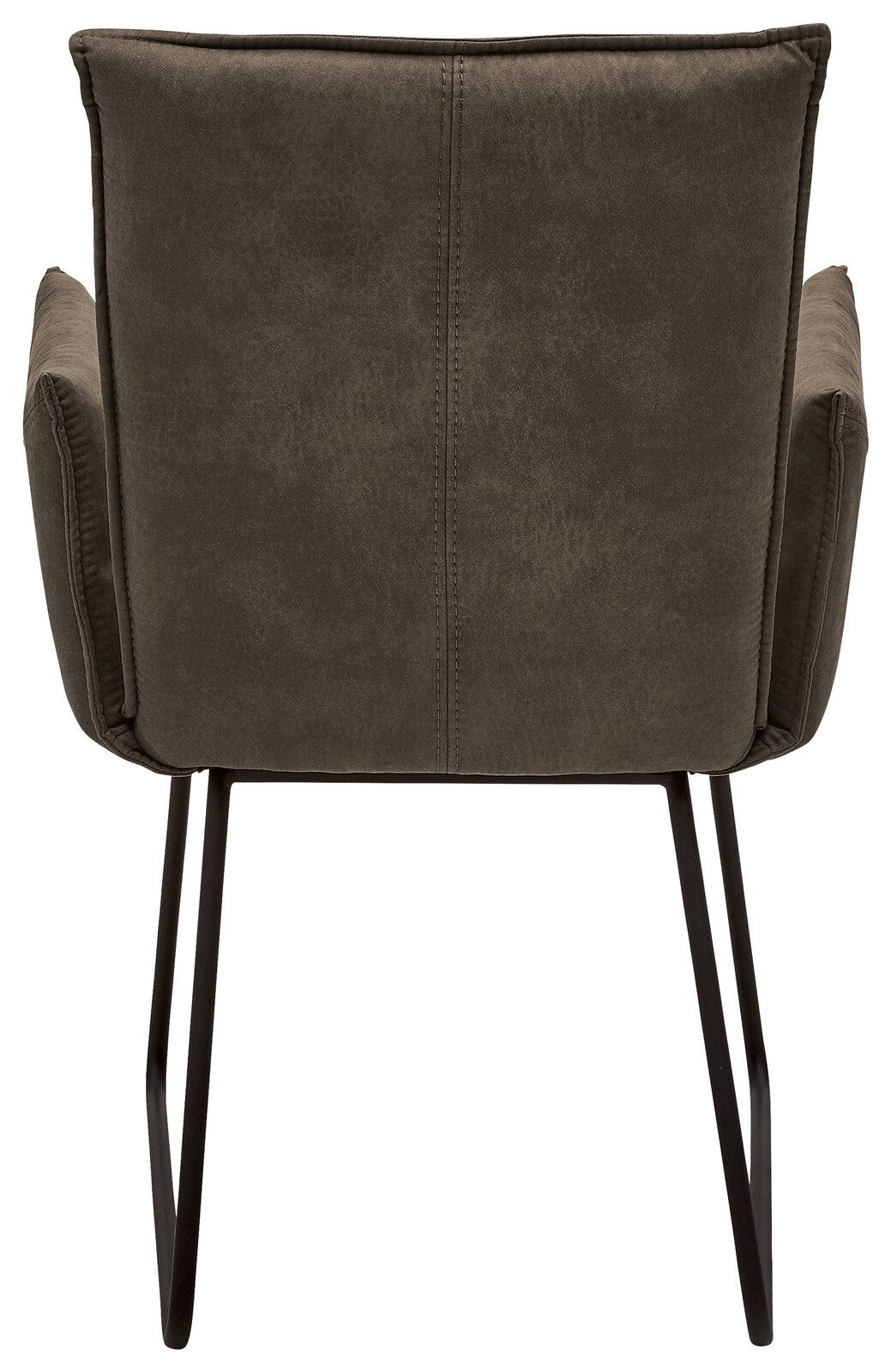 Rückansicht eines Sessels mit dunkelgrauem Stoffbezug und schwarzen Metallbeinen.