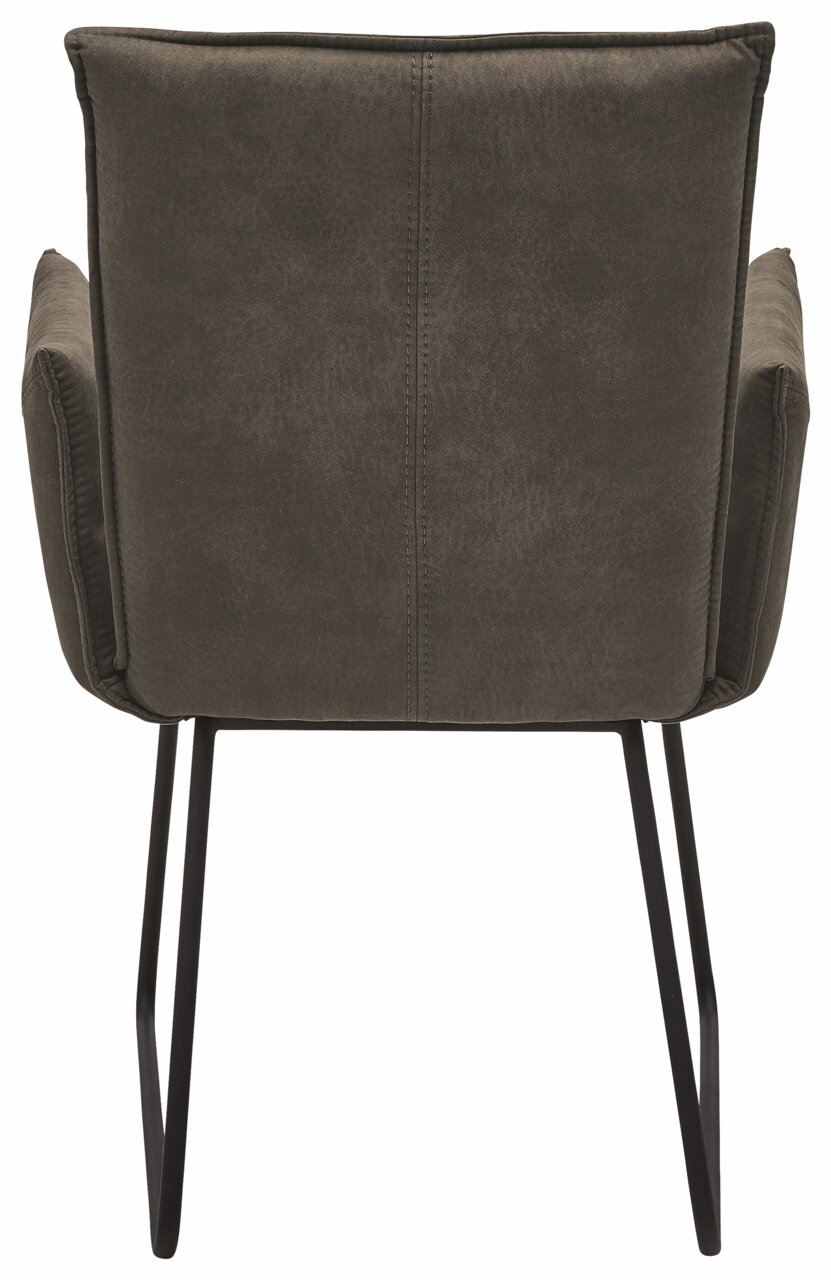 Rückansicht eines Sessels mit dunkelgrauem Stoffbezug und schwarzen Metallbeinen.