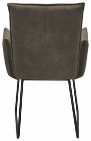 Rückansicht eines Sessels mit dunkelgrauem Stoffbezug und schwarzen Metallbeinen.