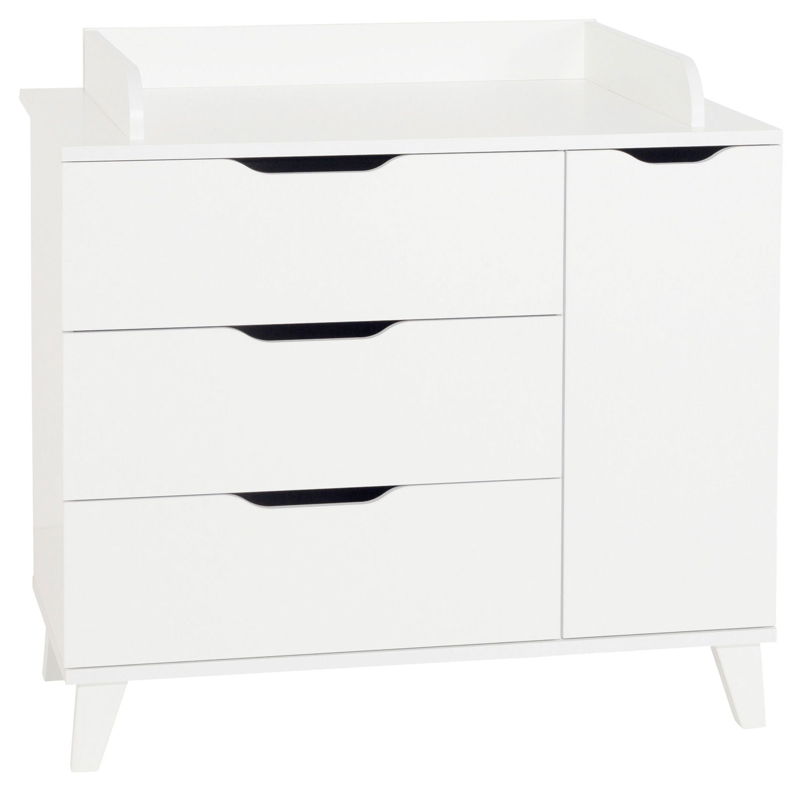 Weiße Wickelkommode mit drei Schubladen und einer Tür, frontal abgebildet.