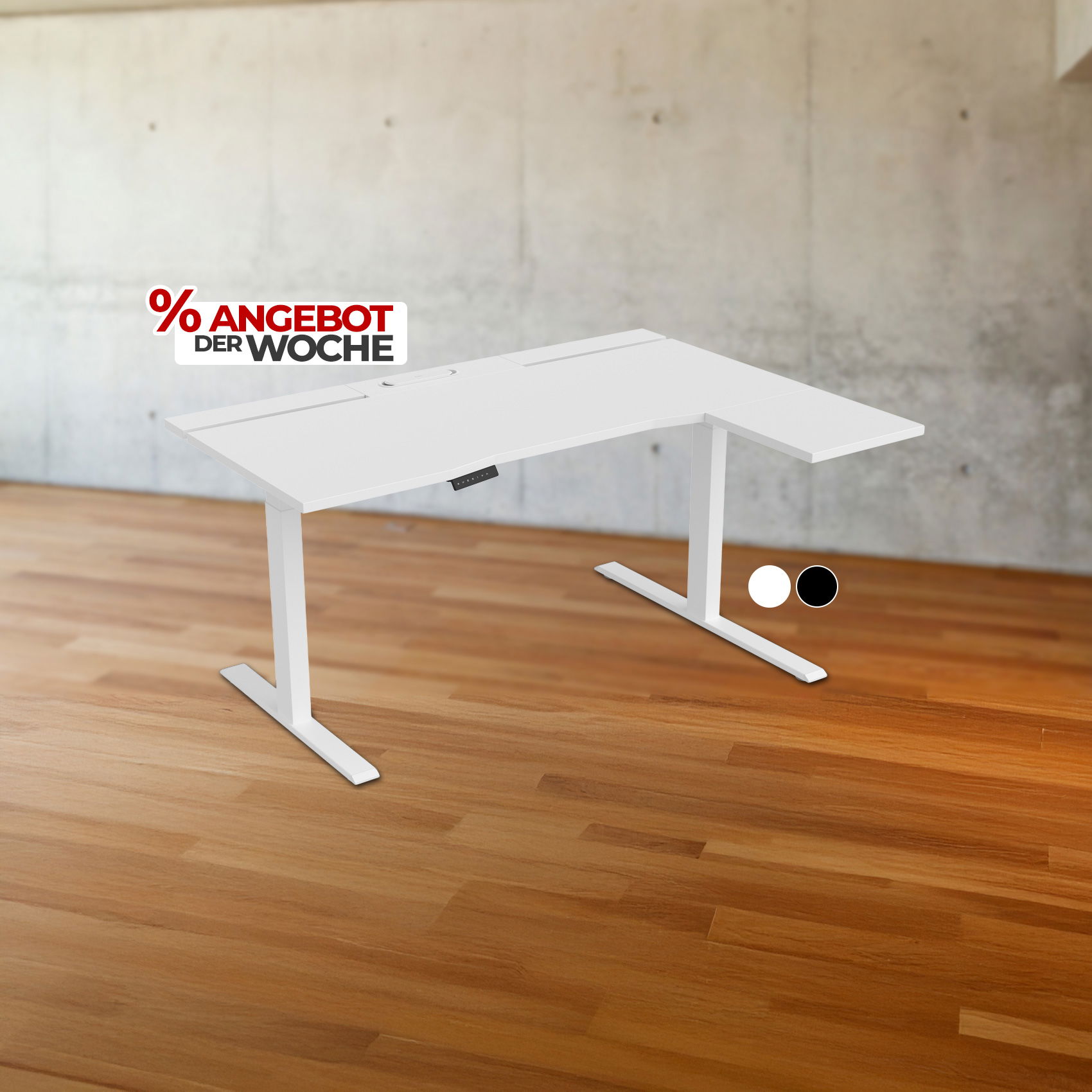 Weißer, höhenverstellbarer Schreibtisch in L-Form auf Holzboden, markiert als „Angebot der Woche“, erhältlich in Weiß oder Schwarz