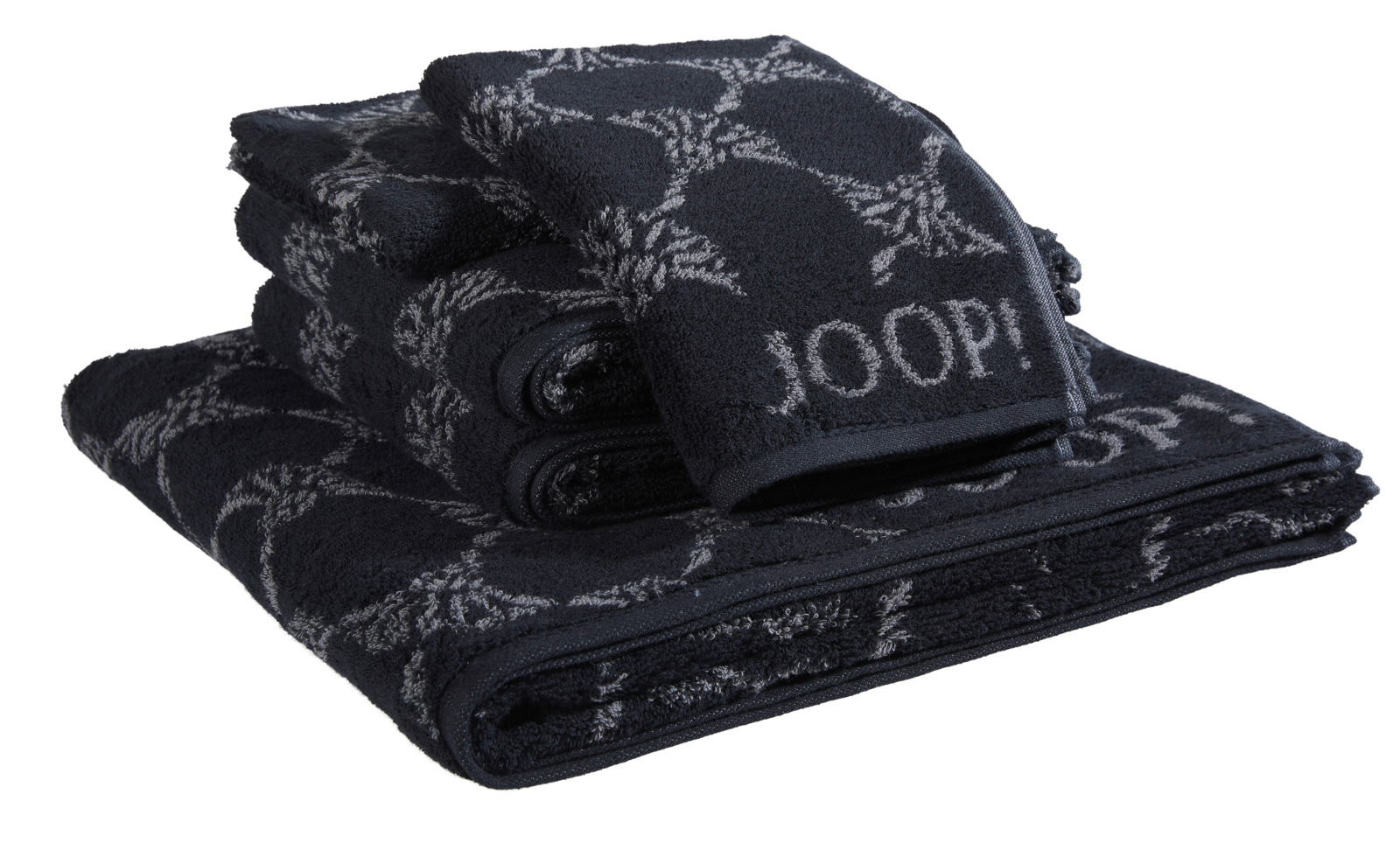 JOOP! Frottierset 5-teilig CORNFLOWER Frottierset 5-teilig in dunklem Design mit dekorativem Muster und Markenlogo, seitliche Perspektive