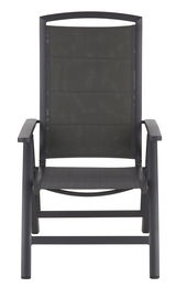 Frontansicht eines modernen, schwarzen Klappsessels mit Armlehnen und Netzbespannung.