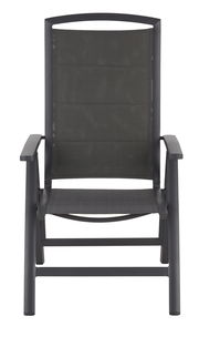 Frontansicht eines modernen, schwarzen Klappsessels mit Armlehnen und Netzbespannung.