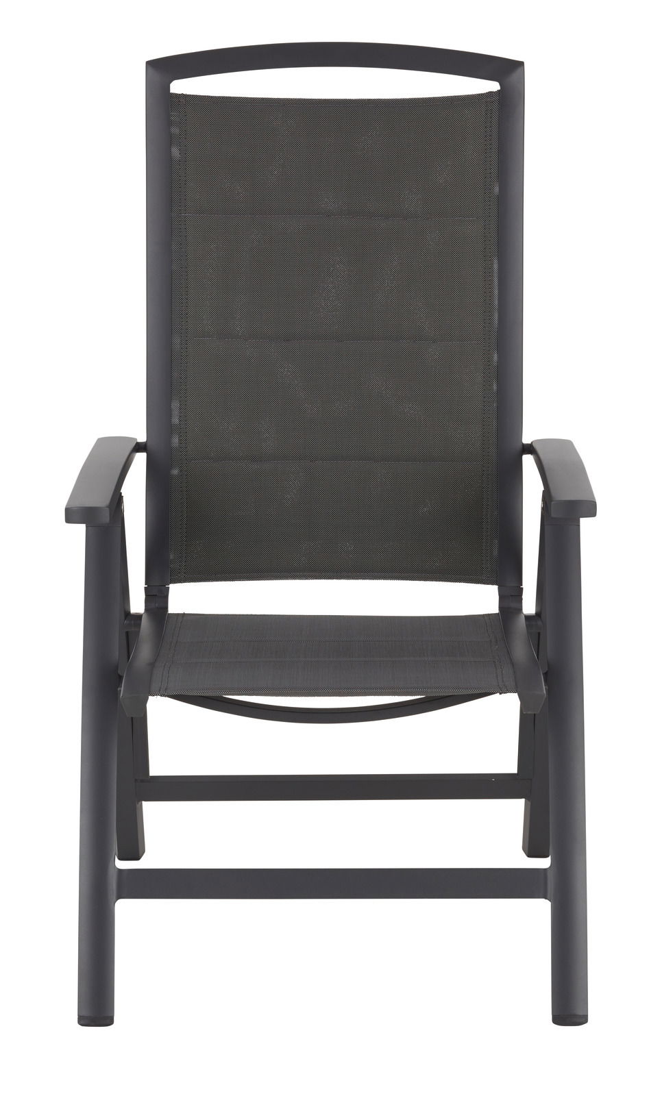Frontansicht eines modernen, schwarzen Klappsessels mit Armlehnen und Netzbespannung.