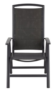 Frontansicht eines modernen, schwarzen Klappsessels mit Armlehnen und Netzbespannung.