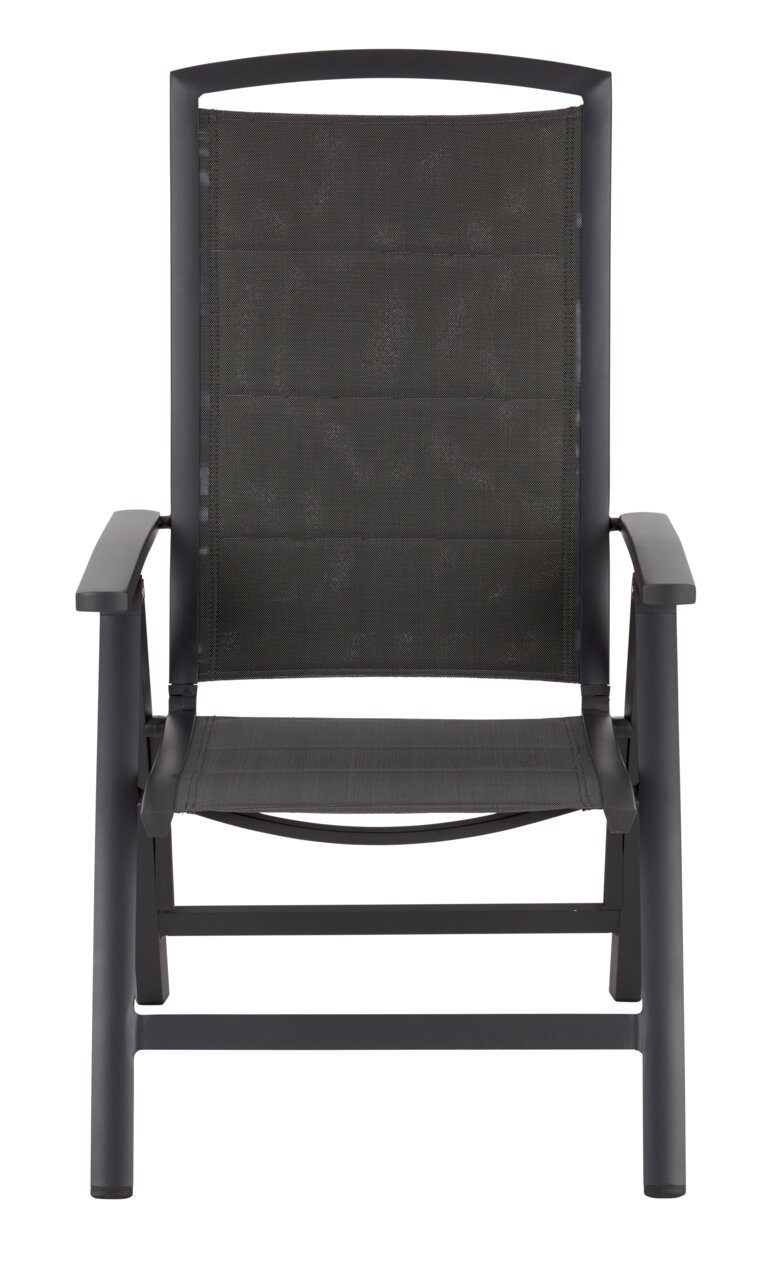 Frontansicht eines modernen, schwarzen Klappsessels mit Armlehnen und Netzbespannung.