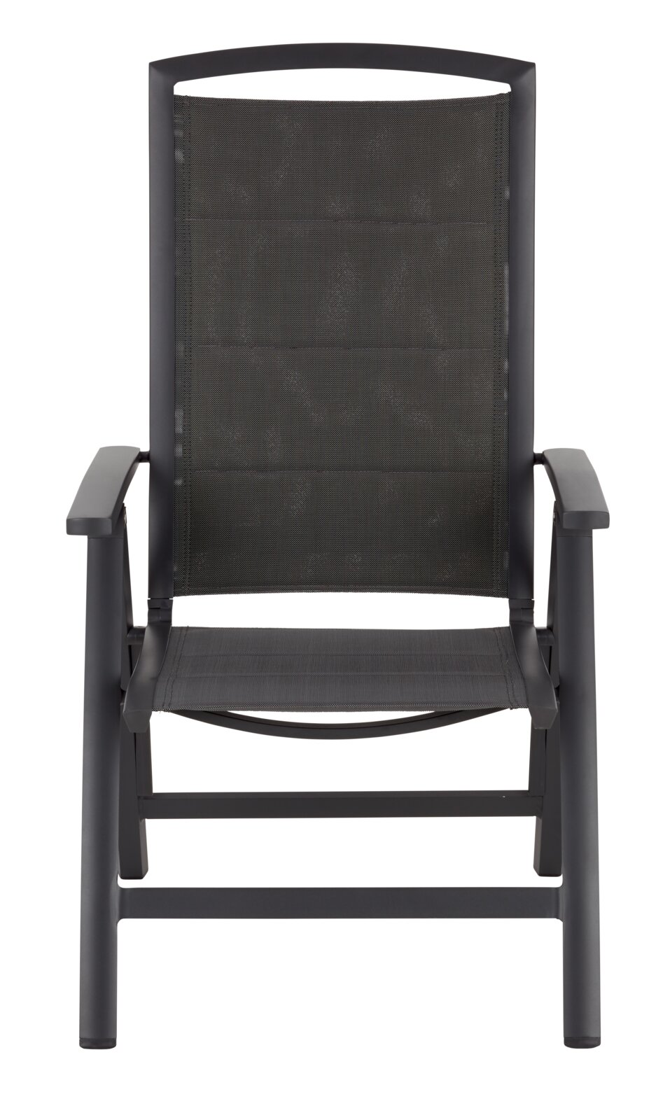 Frontansicht eines modernen, schwarzen Klappsessels mit Armlehnen und Netzbespannung.