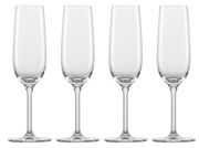 Vier elegante Sektgläser in einer frontalen Ansicht, ideal für festliche Anlässe.