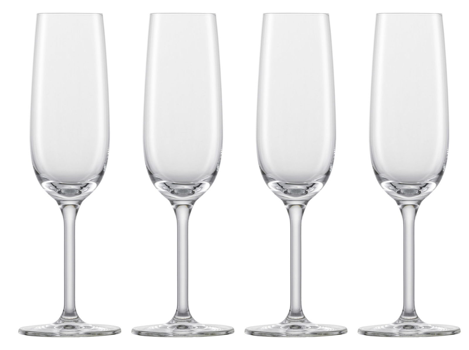 Vier elegante Sektgläser in einer frontalen Ansicht, ideal für festliche Anlässe.