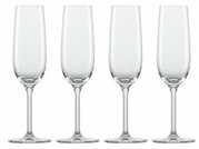Vier elegante Sektgläser in einer frontalen Ansicht, ideal für festliche Anlässe.