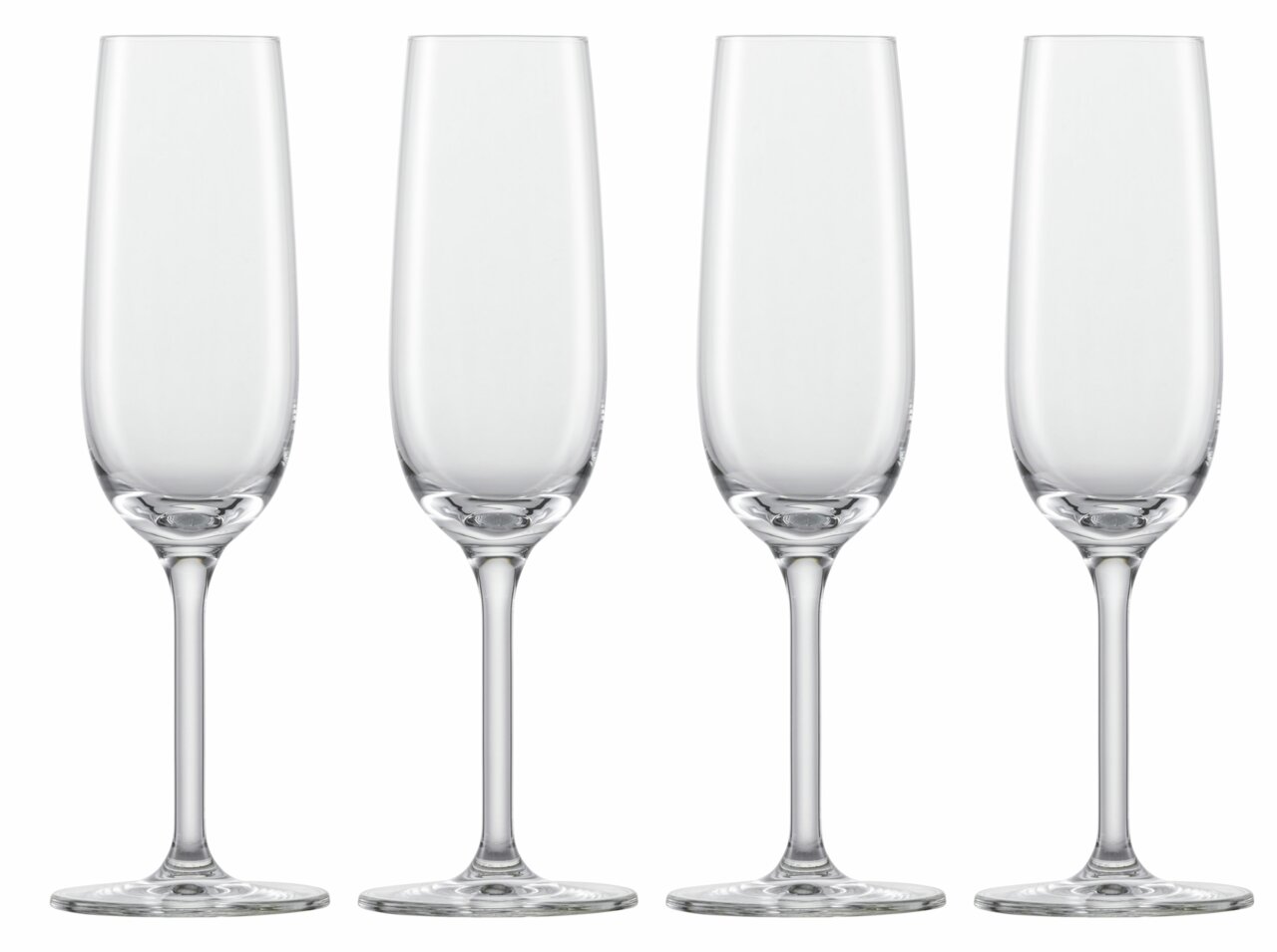 Vier elegante Sektgläser in einer frontalen Ansicht, ideal für festliche Anlässe.