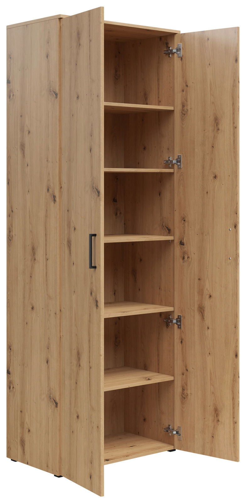 Mehrzweckschrank aus Holz mit geöffneter Tür, zeigt mehrere Regalböden, Perspektive von vorne links