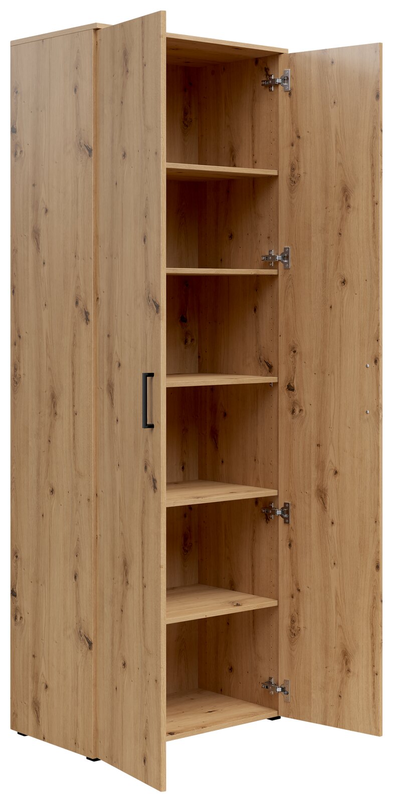 Mehrzweckschrank aus Holz mit geöffneter Tür, zeigt mehrere Regalböden, Perspektive von vorne links