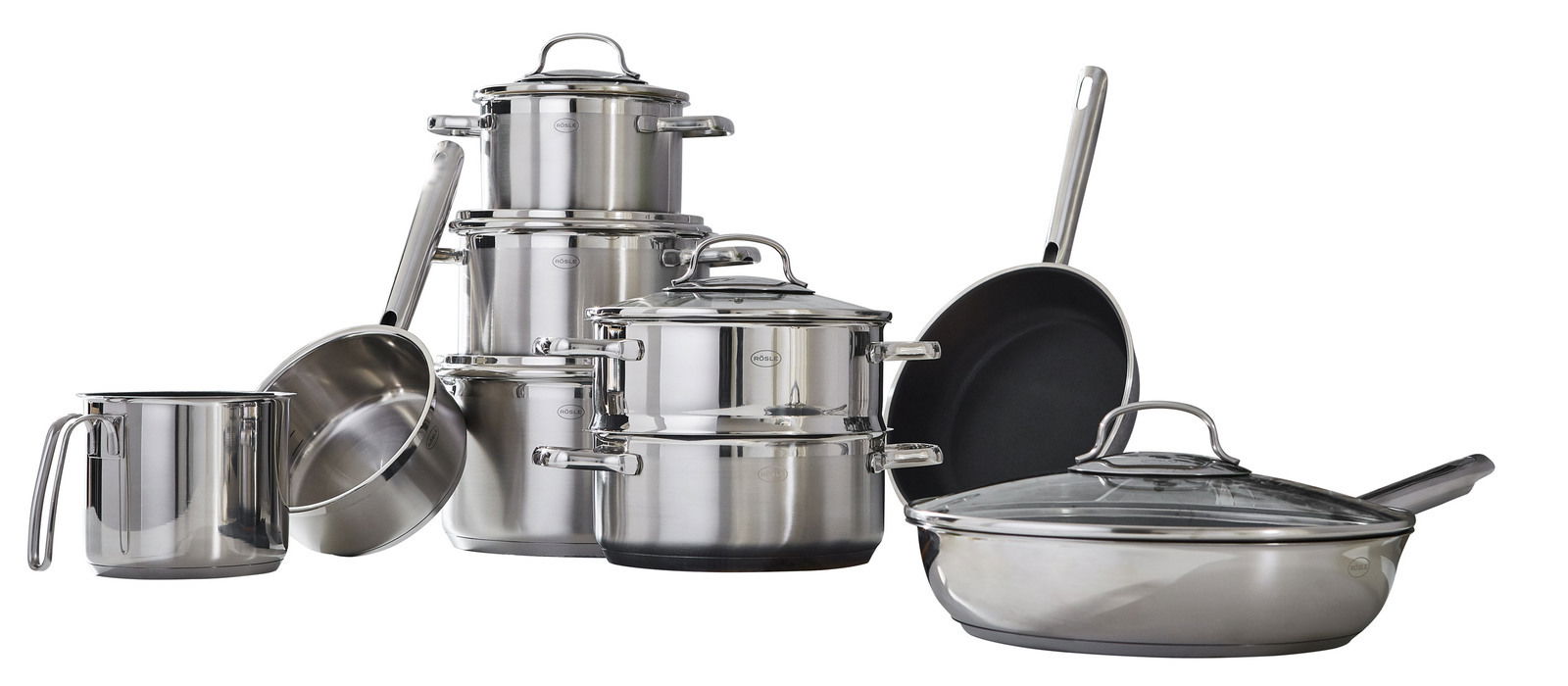 Rösle Topfset 10-tlg. ELEGANCE Topfset Elegance 10-tlg. aus Edelstahl, bestehend aus verschiedenen Töpfen und Pfannen mit Deckeln, in einer seitlichen Perspektive.