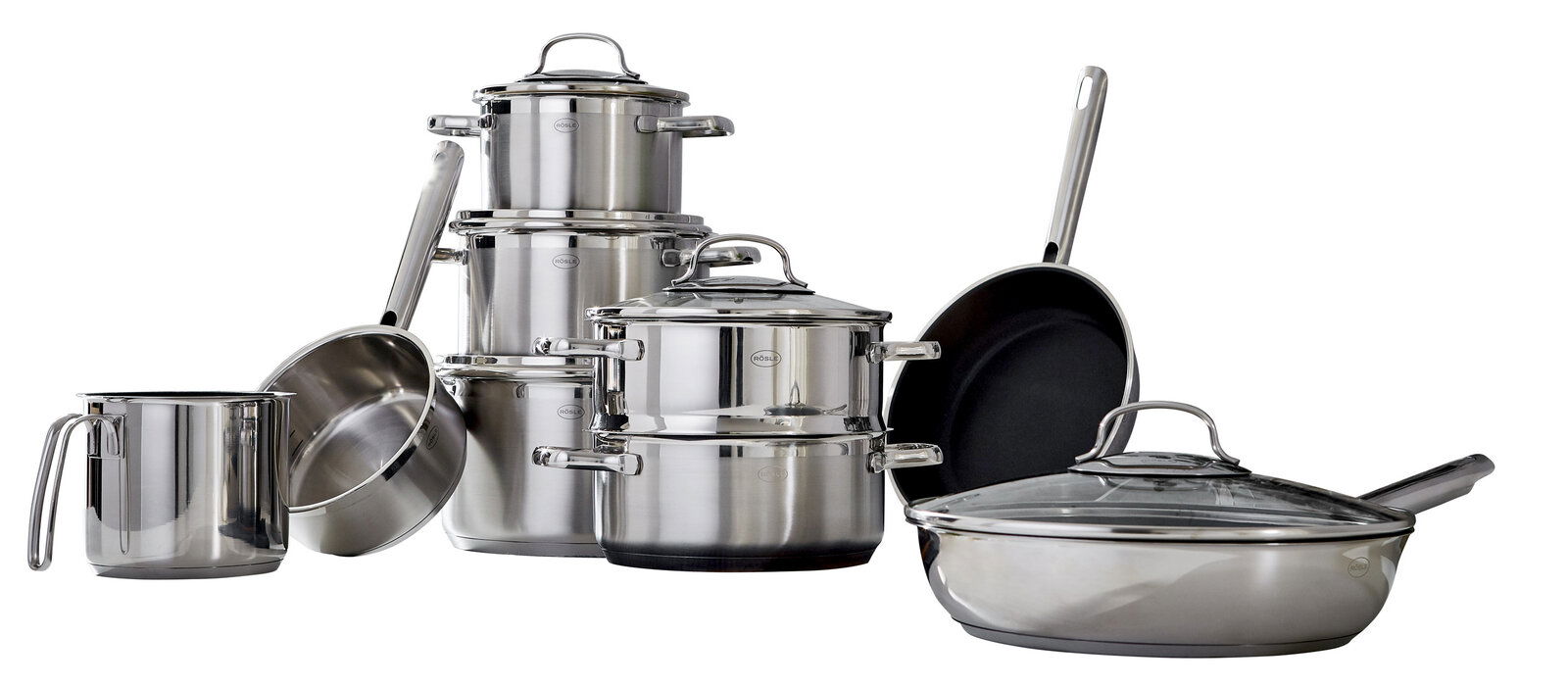 Rösle Topfset 10-tlg. ELEGANCE Topfset Elegance 10-tlg. aus Edelstahl, bestehend aus verschiedenen Töpfen und Pfannen mit Deckeln, in einer seitlichen Perspektive.