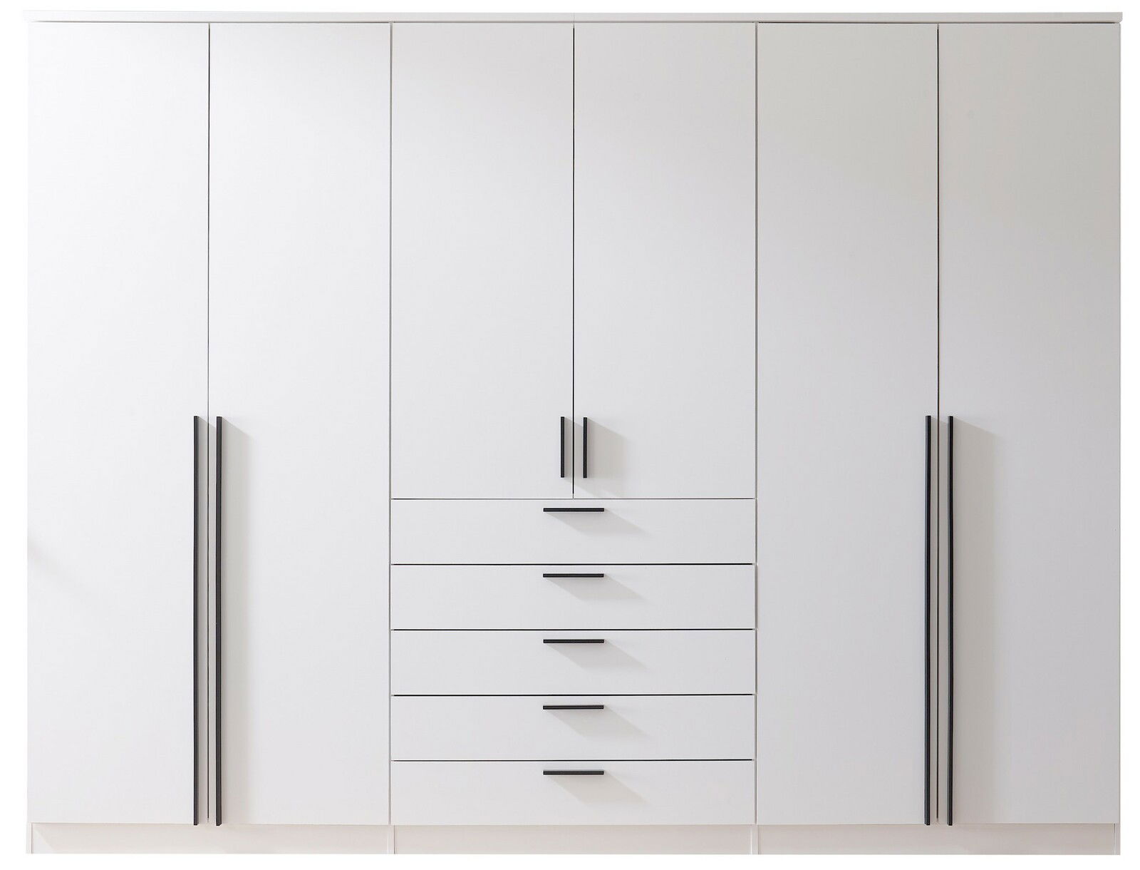 6-türiger Drehtürenschrank in Weiß mit schwarzen Griffen, frontal betrachtet