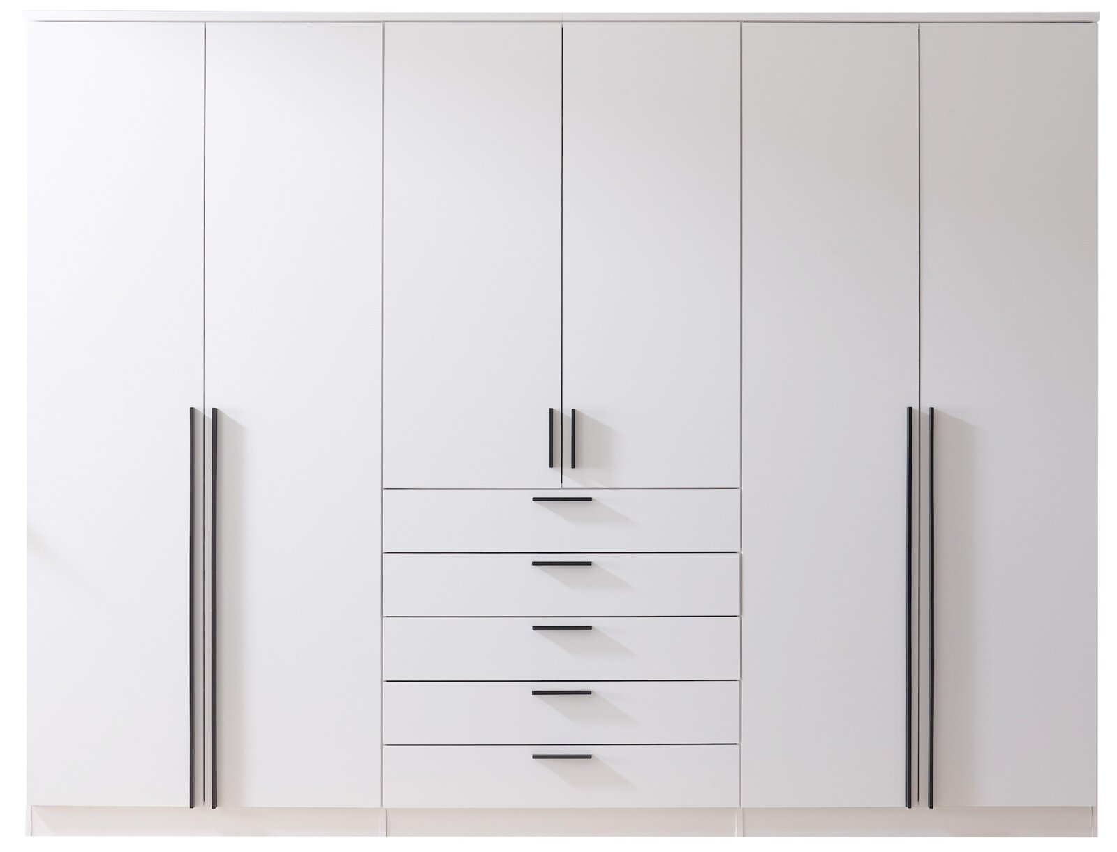 6-türiger Drehtürenschrank in Weiß mit schwarzen Griffen, frontal betrachtet