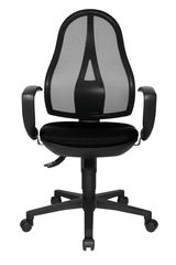 Schwarzer Drehstuhl mit Netzrückenlehne und Armlehnen, Vorderansicht