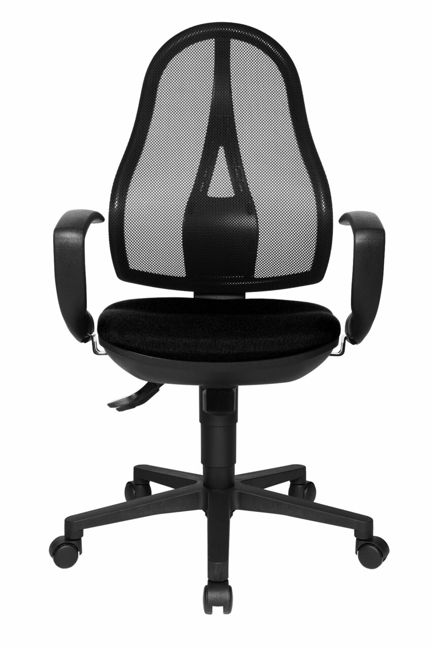 Schwarzer Drehstuhl mit Netzrückenlehne und Armlehnen, Vorderansicht