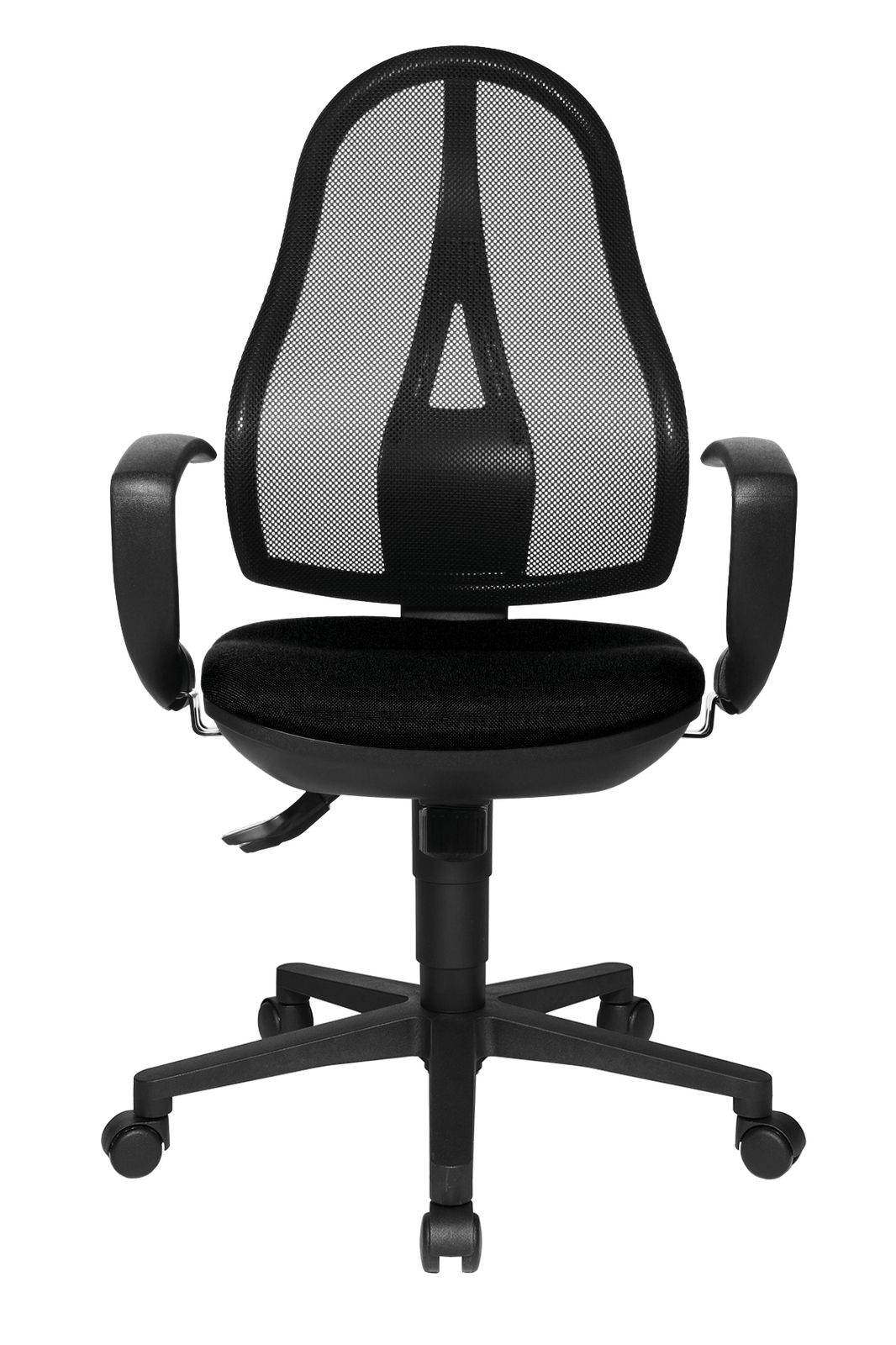 Schwarzer Drehstuhl mit Netzrückenlehne und Armlehnen, Vorderansicht